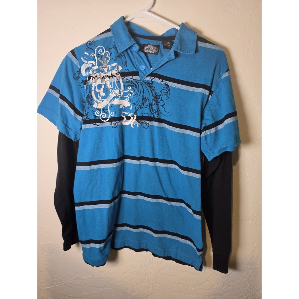 First Wave Blue Grunge Polo Shirt Youth 14/16 Fits Mens Small Y2K